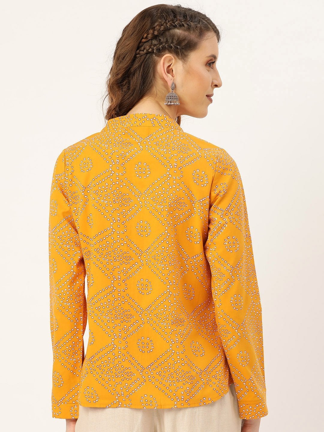 Women's Mustard Bandhej Buttoned Ethnic Jacket - SASSAFRAS