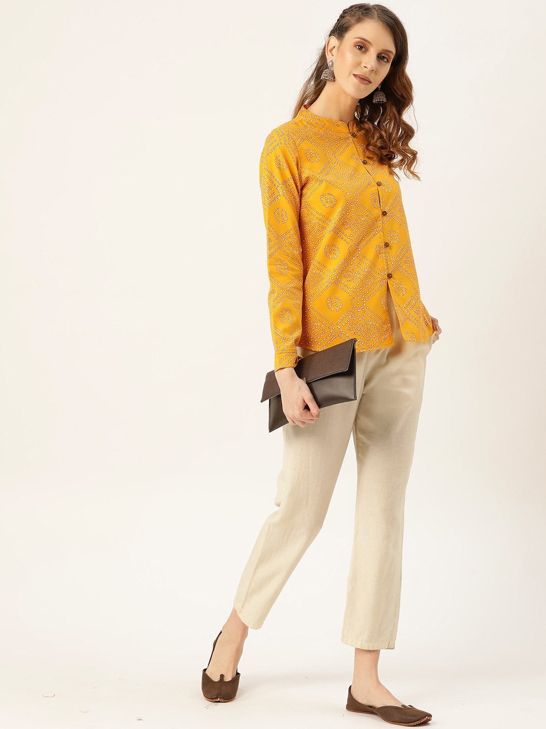 Women's Mustard Bandhej Buttoned Ethnic Jacket - SASSAFRAS