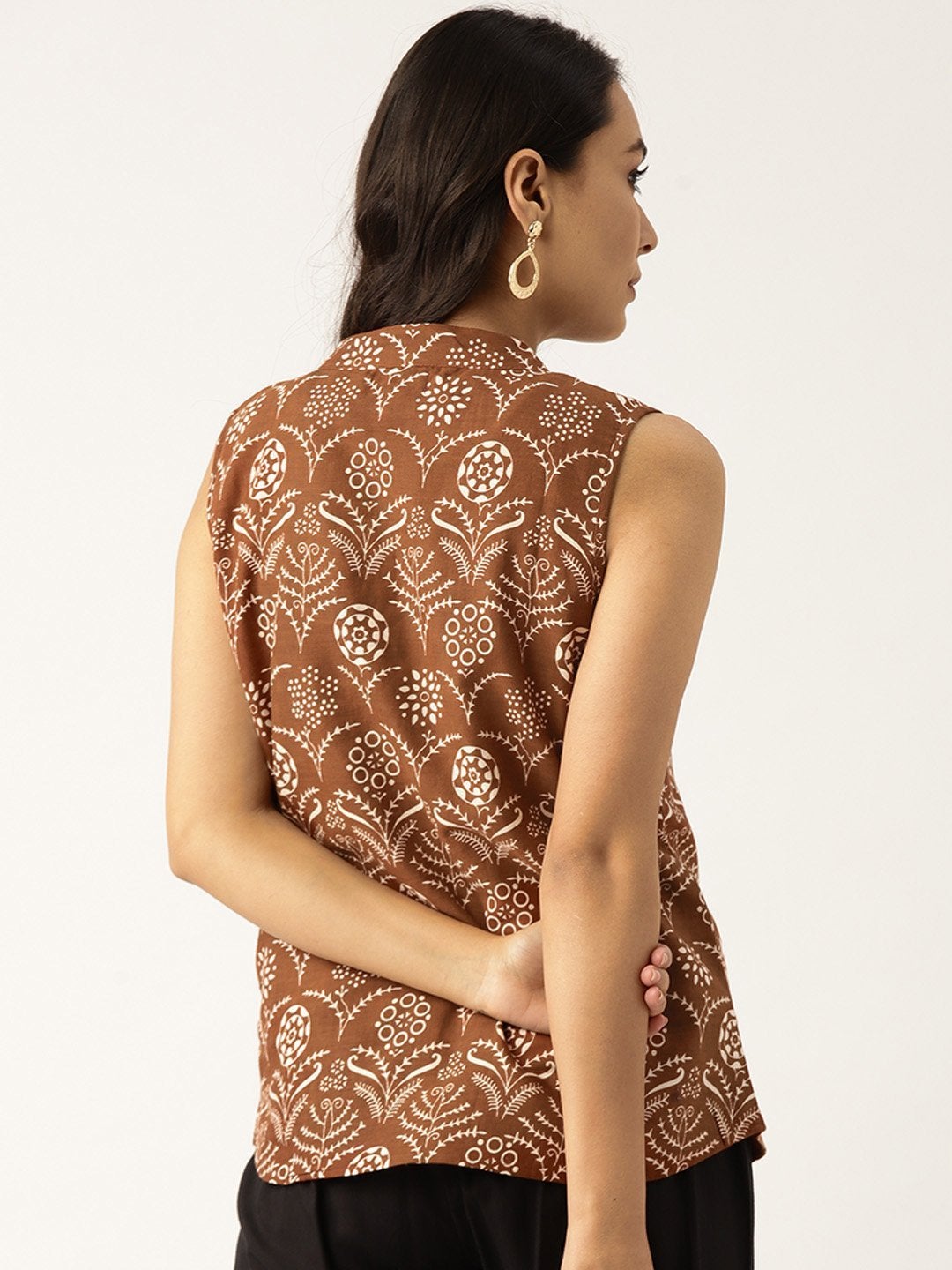 Women's Brown Floral Sleeveless Indie Jacket - SASSAFRAS