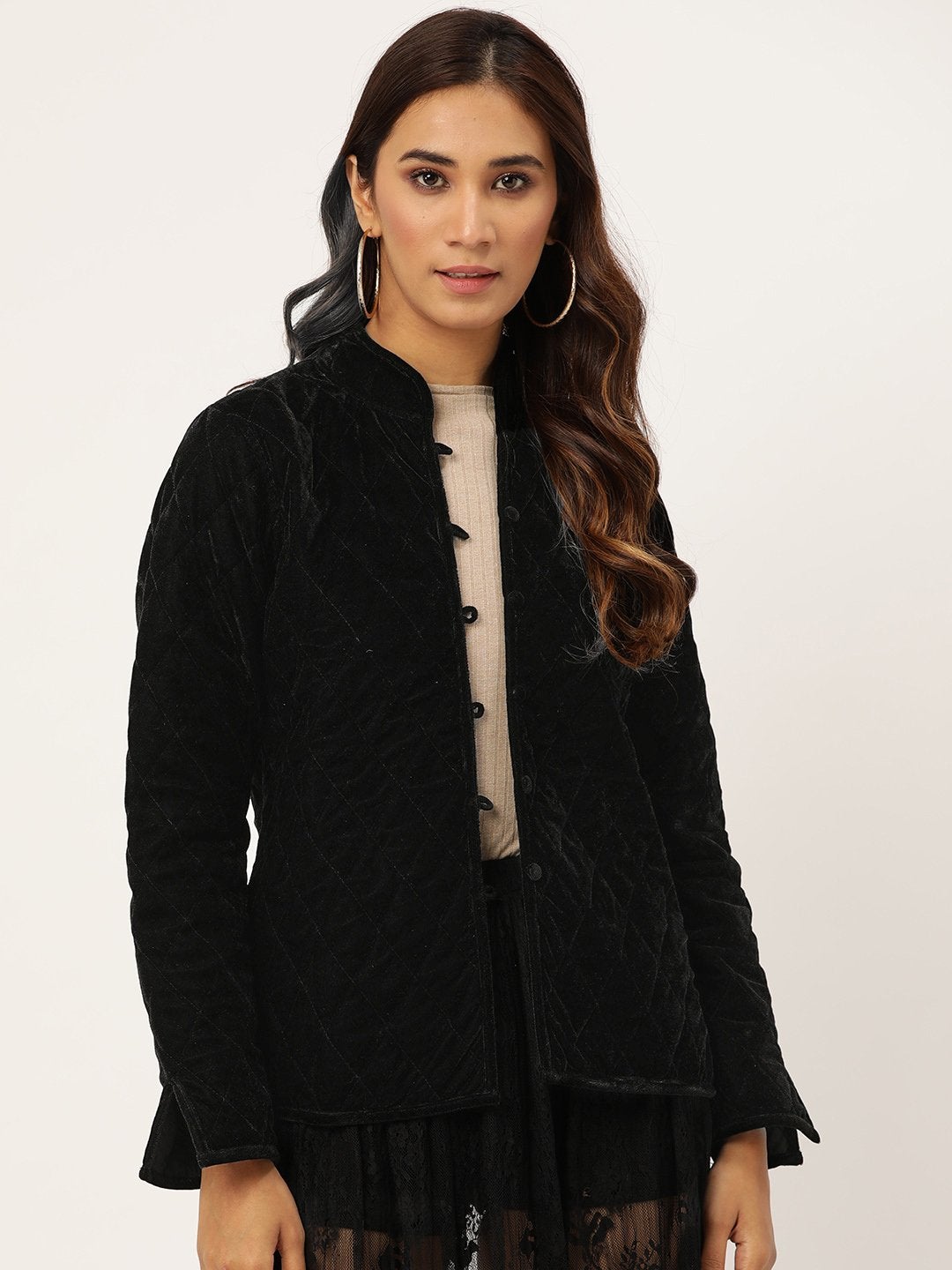 Women's Black Velvet Full Sleeve Quilted Jacket - SASSAFRAS