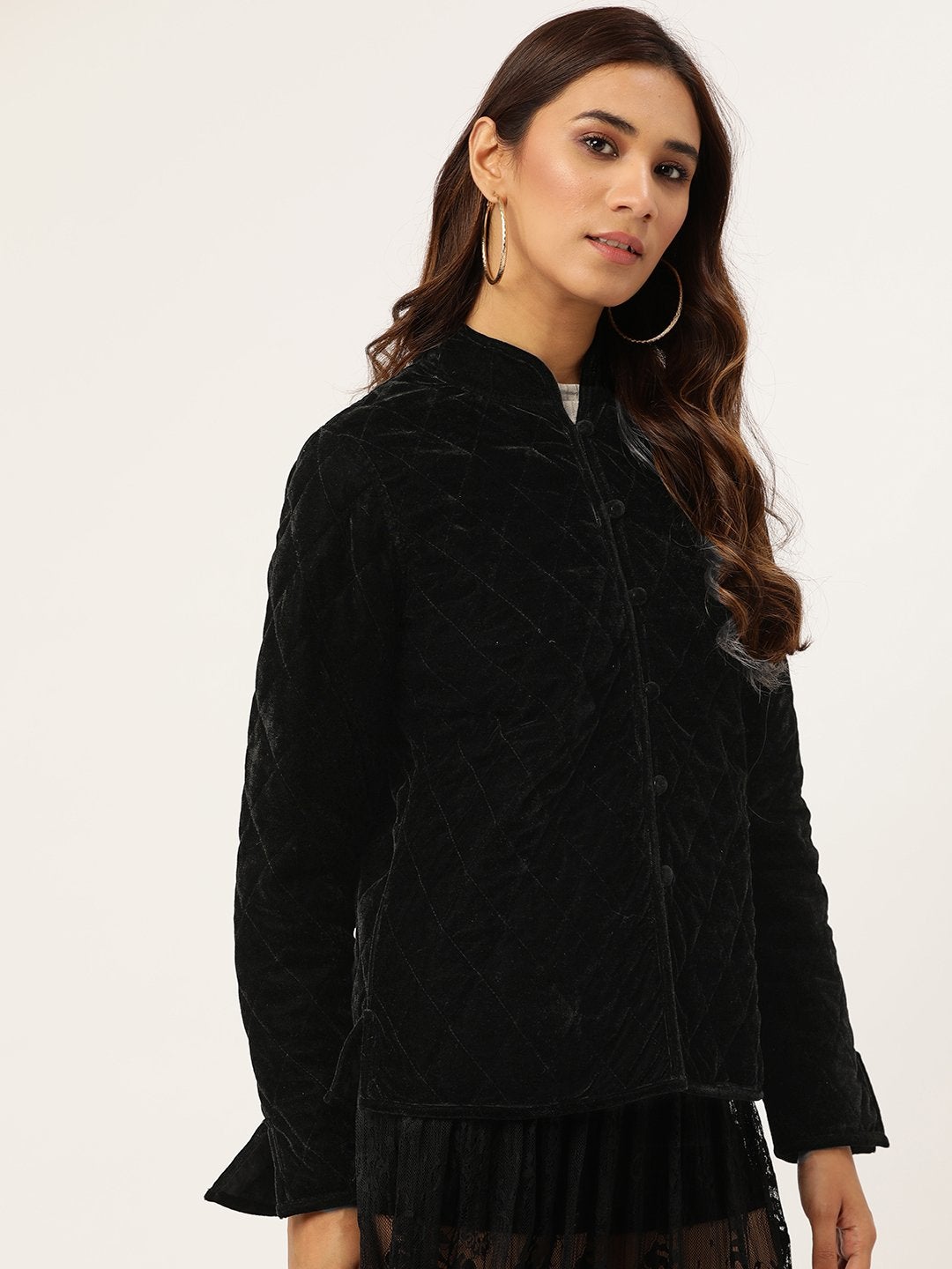 Women's Black Velvet Full Sleeve Quilted Jacket - SASSAFRAS