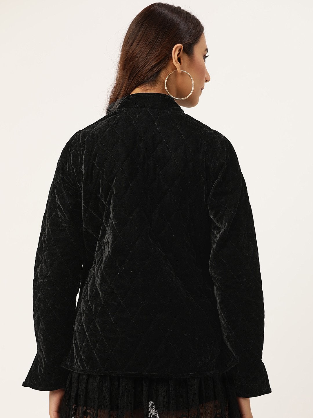 Women's Black Velvet Full Sleeve Quilted Jacket - SASSAFRAS