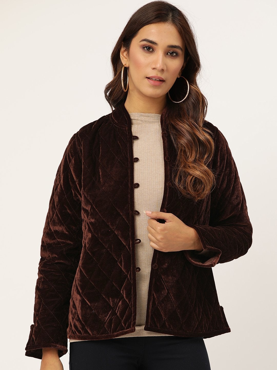 Women's Brown Velvet Full Sleeve Quilted Jacket - SASSAFRAS