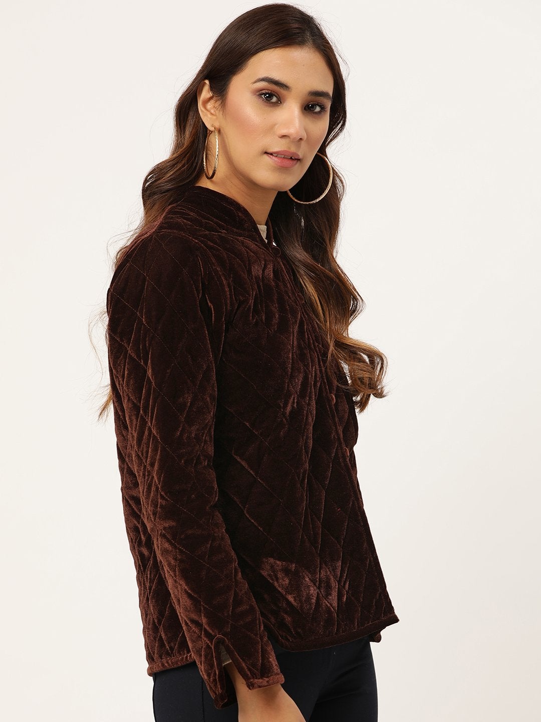 Women's Brown Velvet Full Sleeve Quilted Jacket - SASSAFRAS