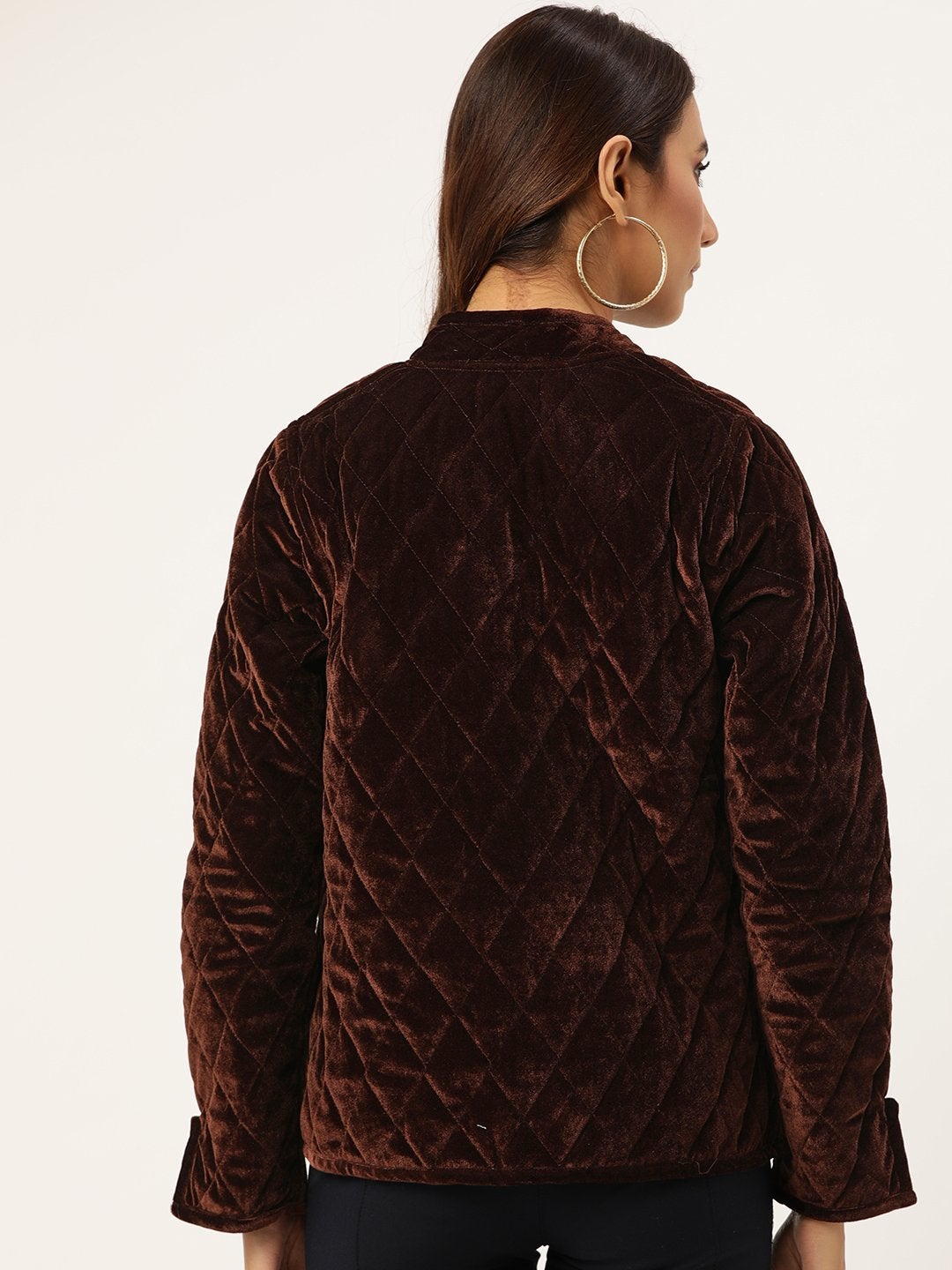 Women's Brown Velvet Full Sleeve Quilted Jacket - SASSAFRAS