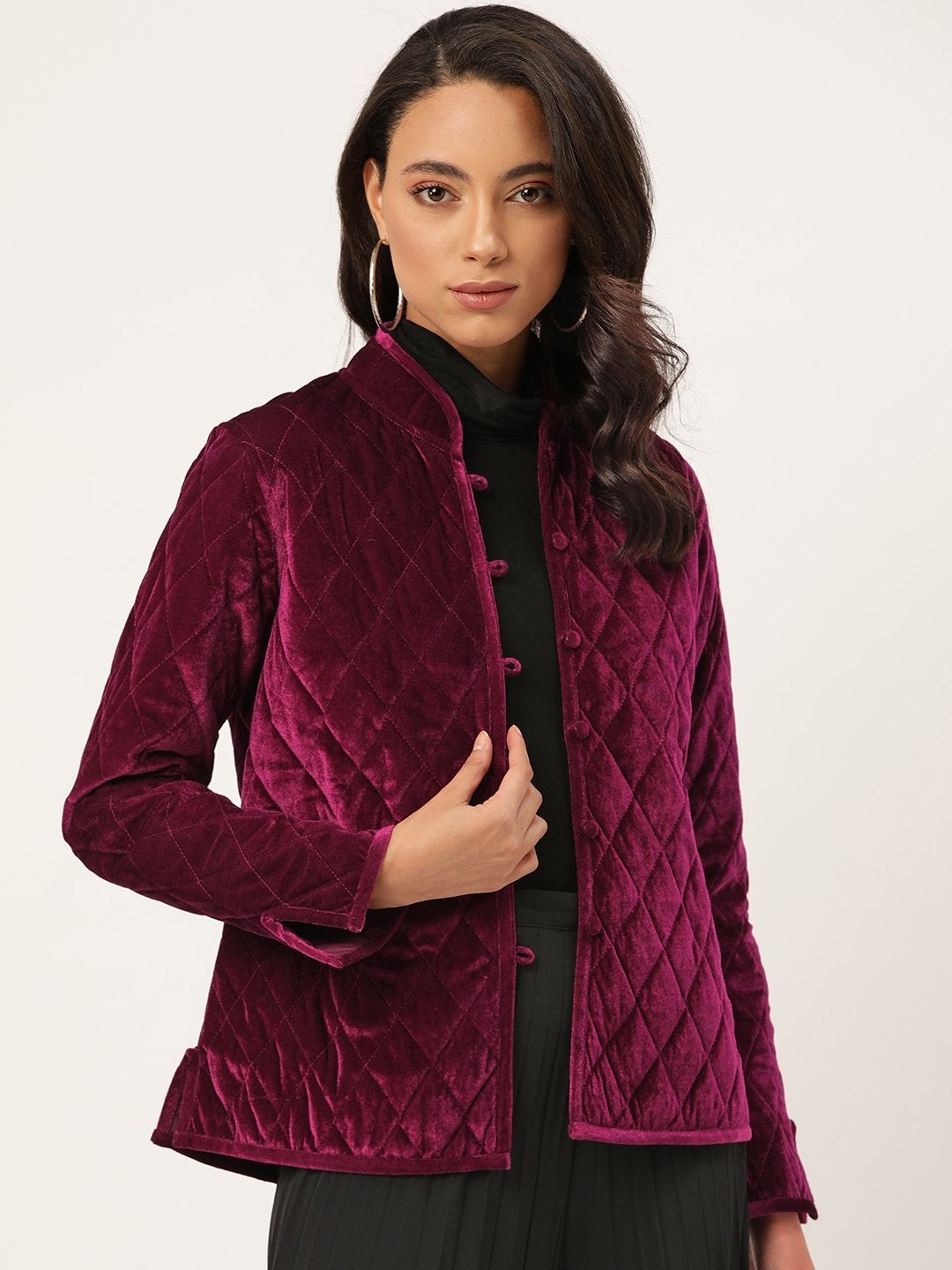 Women's Burgundy Velvet Full Sleeve Quilted Jacket - SASSAFRAS