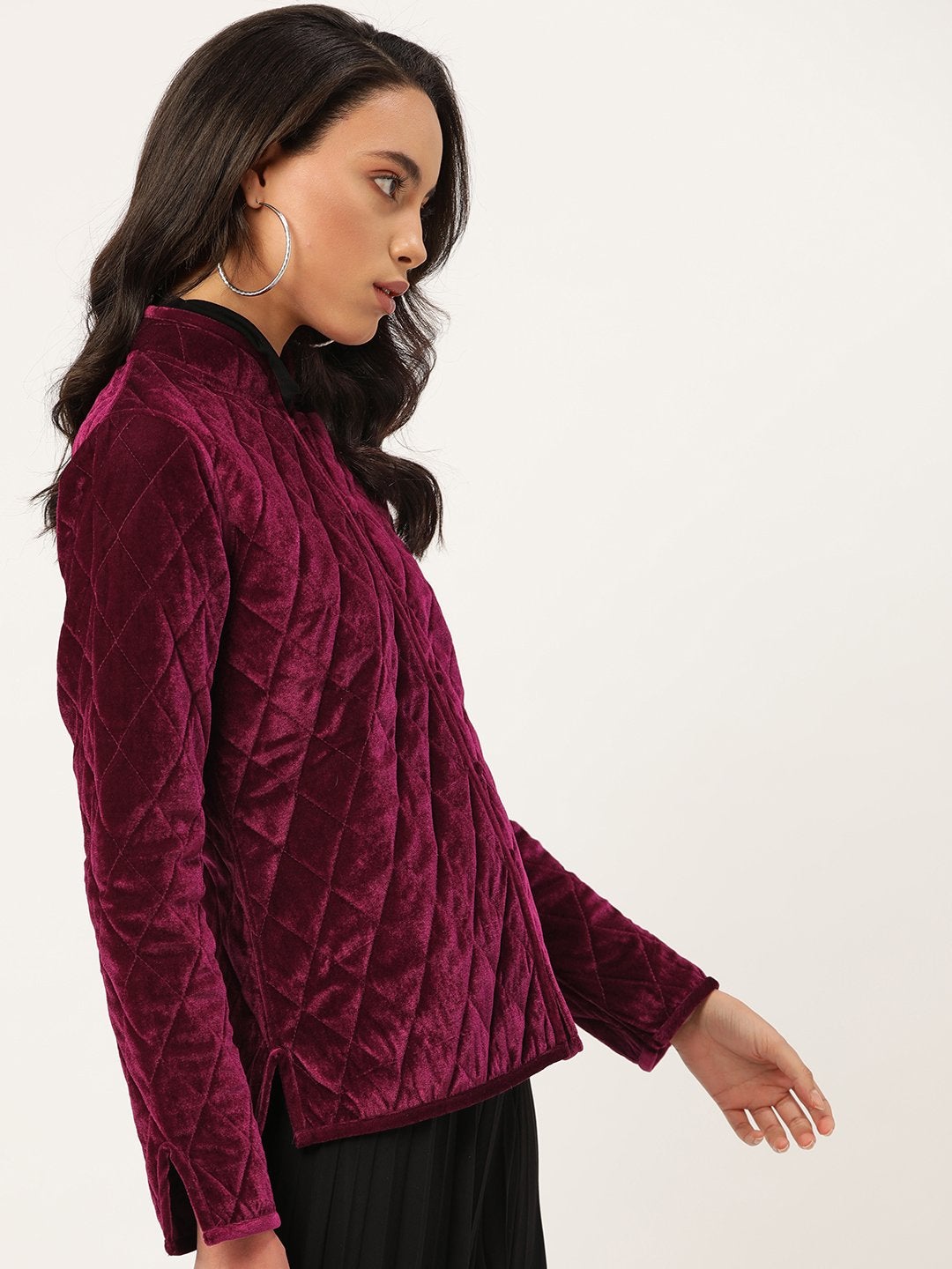 Women's Burgundy Velvet Full Sleeve Quilted Jacket - SASSAFRAS