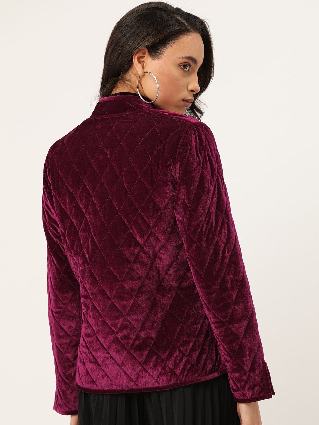 Women's Burgundy Velvet Full Sleeve Quilted Jacket - SASSAFRAS