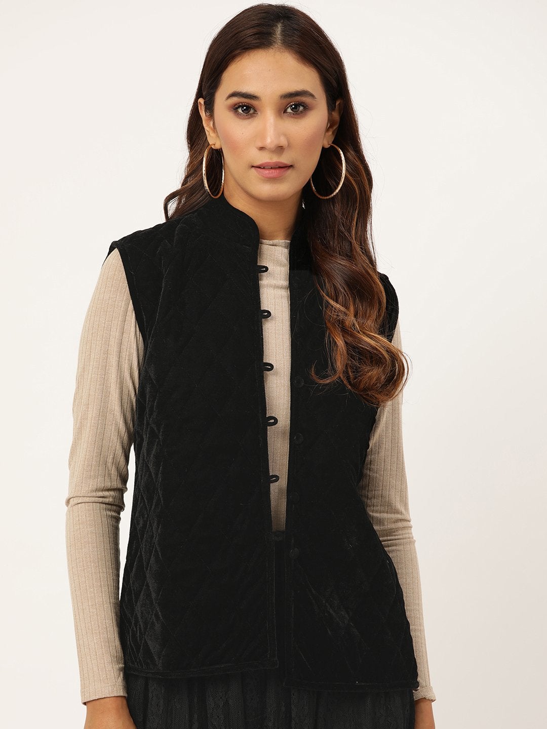 Women's Black Velvet Sleeveless Quilted Jacket - SASSAFRAS