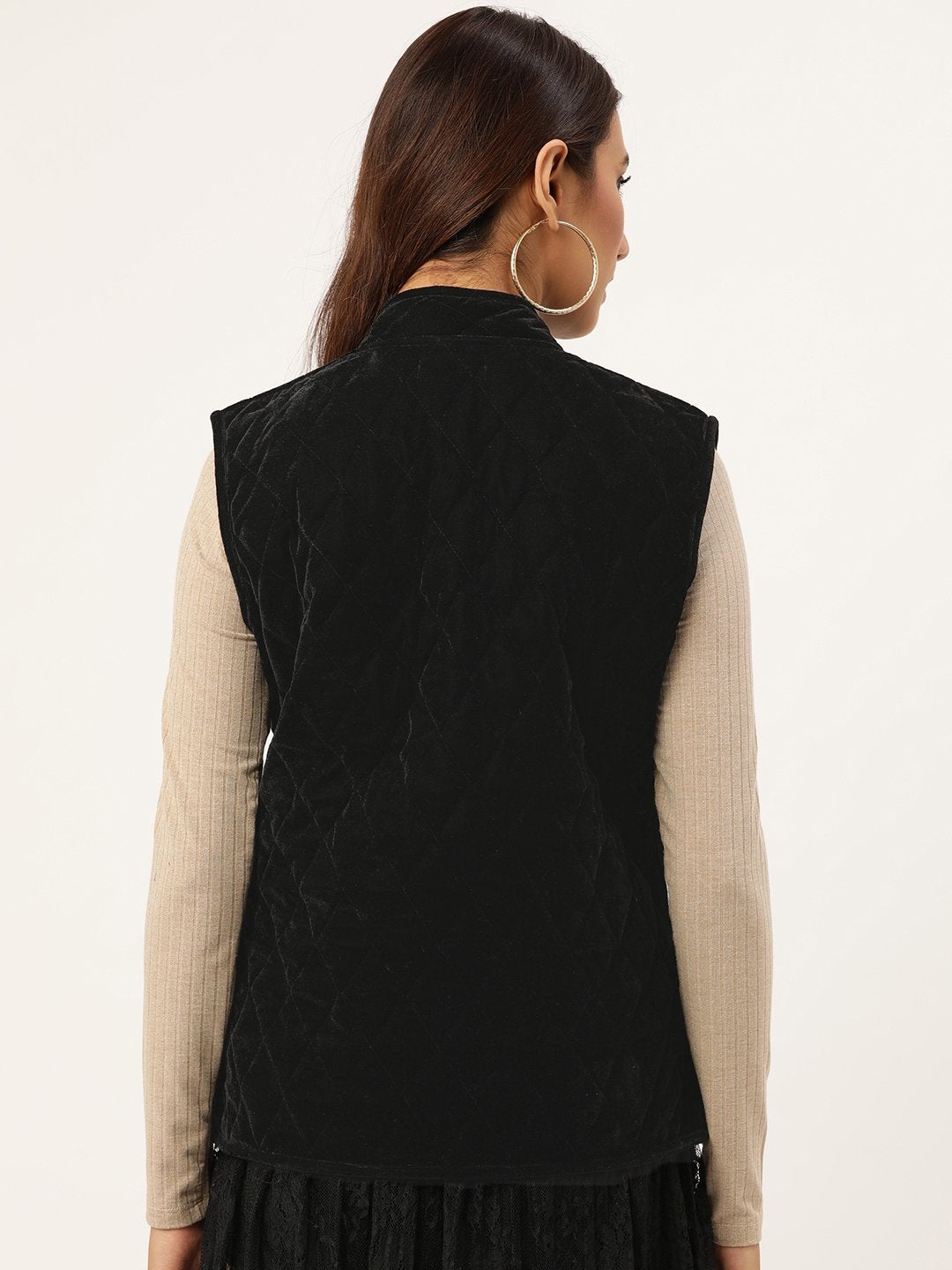 Women's Black Velvet Sleeveless Quilted Jacket - SASSAFRAS