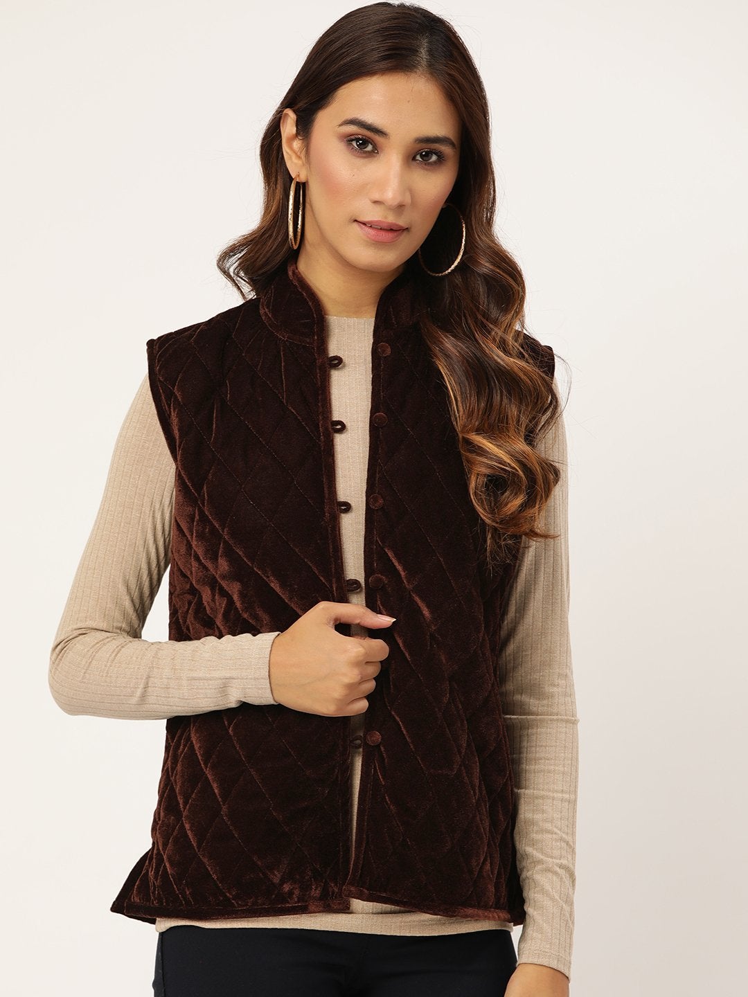 Women's Brown Velvet Sleeveless Quilted Jacket - SASSAFRAS