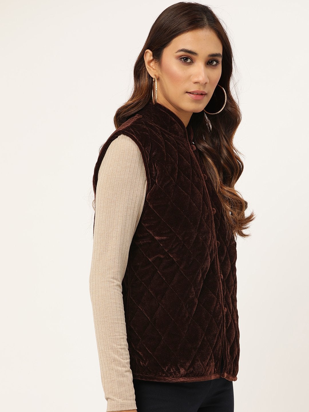 Women's Brown Velvet Sleeveless Quilted Jacket - SASSAFRAS