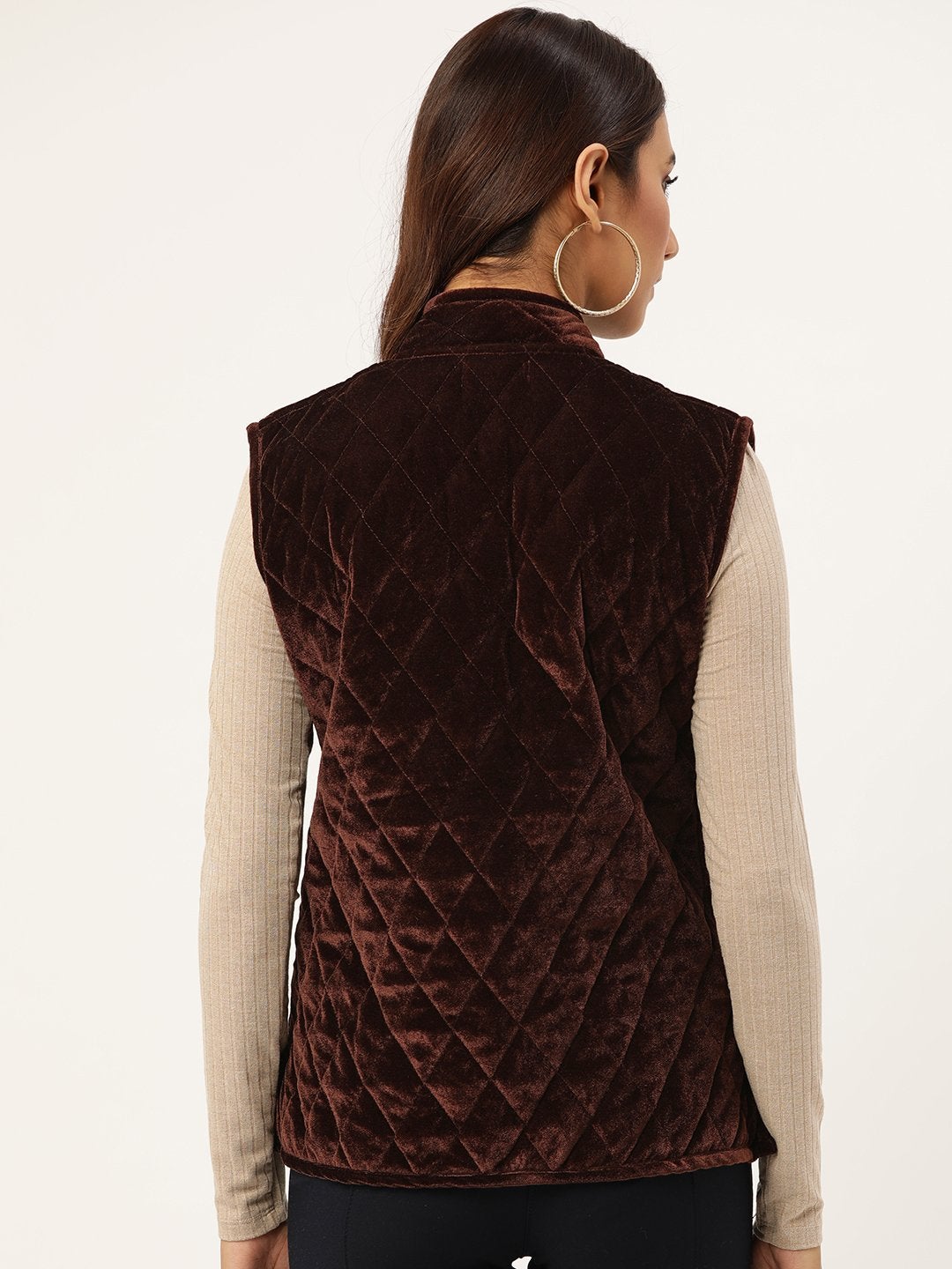 Women's Brown Velvet Sleeveless Quilted Jacket - SASSAFRAS