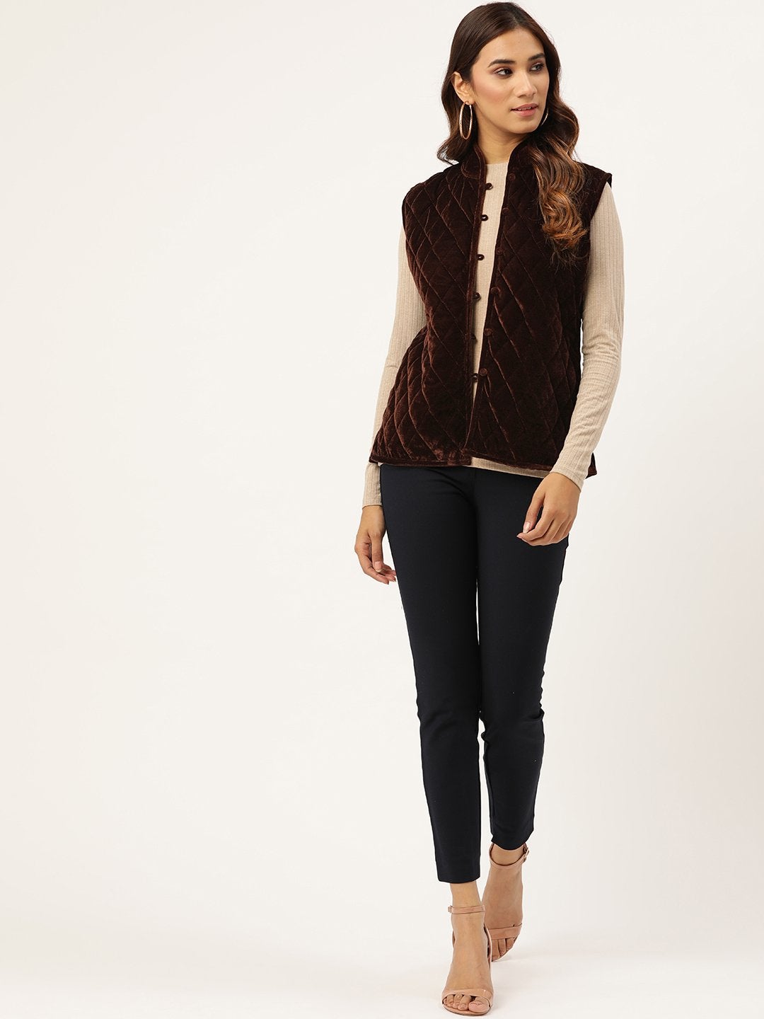 Women's Brown Velvet Sleeveless Quilted Jacket - SASSAFRAS