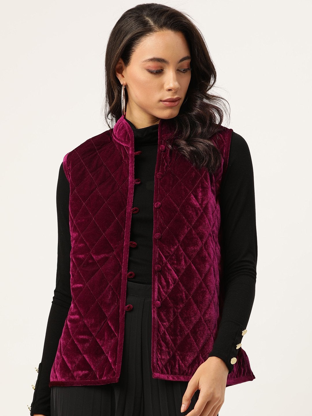 Women's Burgundy Velvet Sleeveless Quilted Jacket - SASSAFRAS