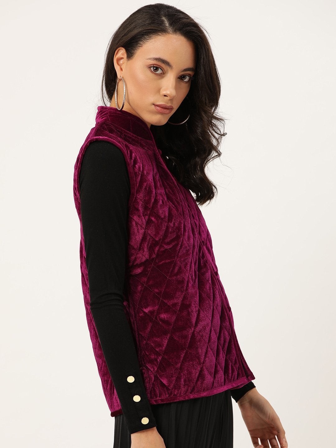 Women's Burgundy Velvet Sleeveless Quilted Jacket - SASSAFRAS