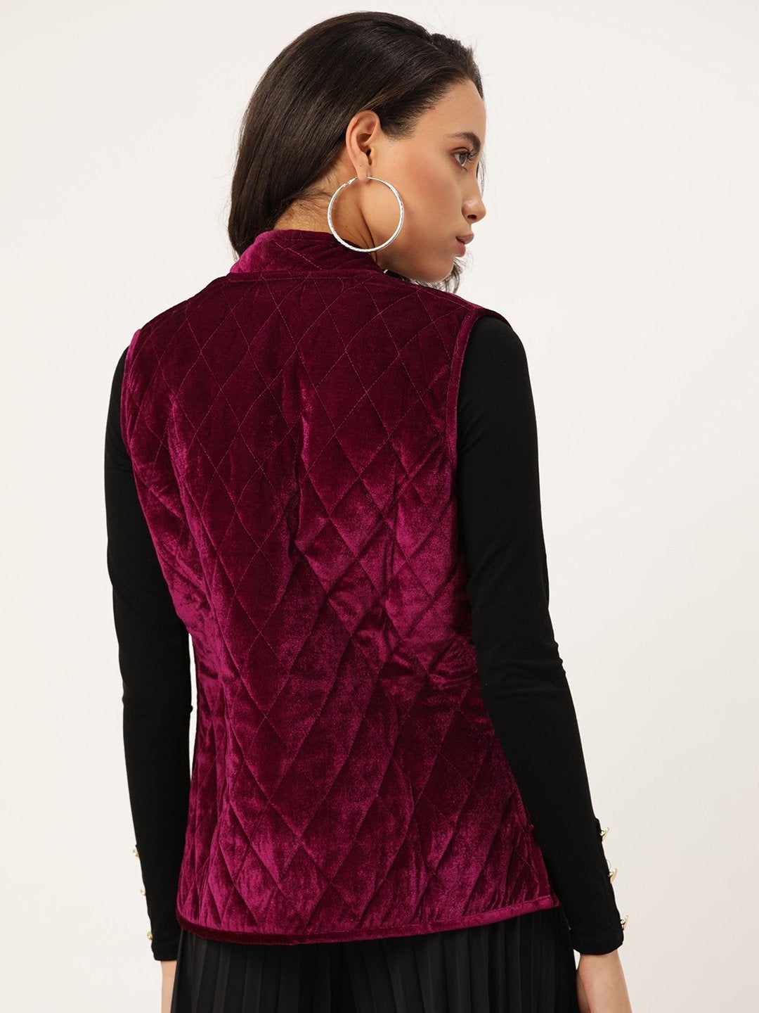 Women's Burgundy Velvet Sleeveless Quilted Jacket - SASSAFRAS