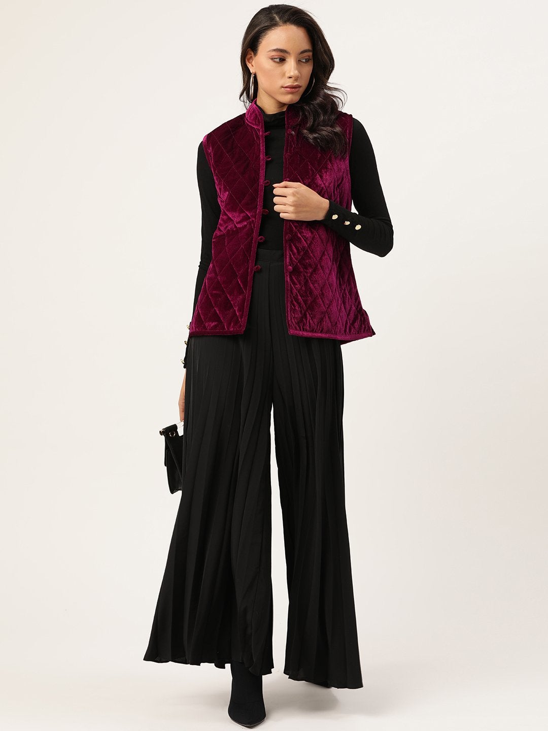 Women's Burgundy Velvet Sleeveless Quilted Jacket - SASSAFRAS