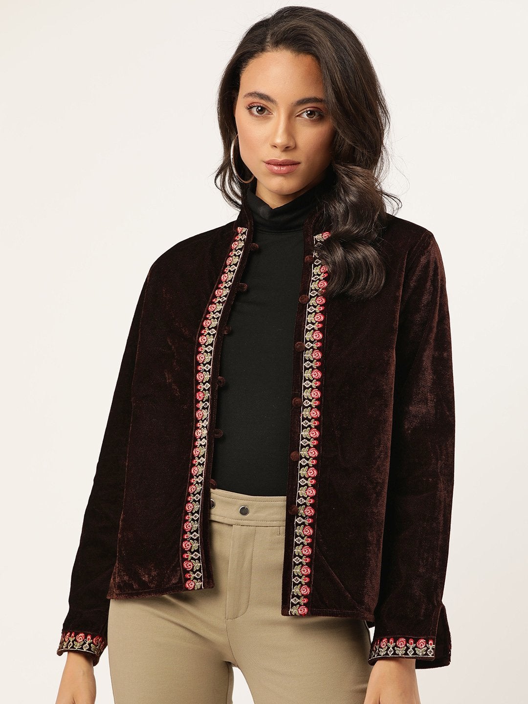 Women's Brown Zari Embroidered Jacket - SASSAFRAS