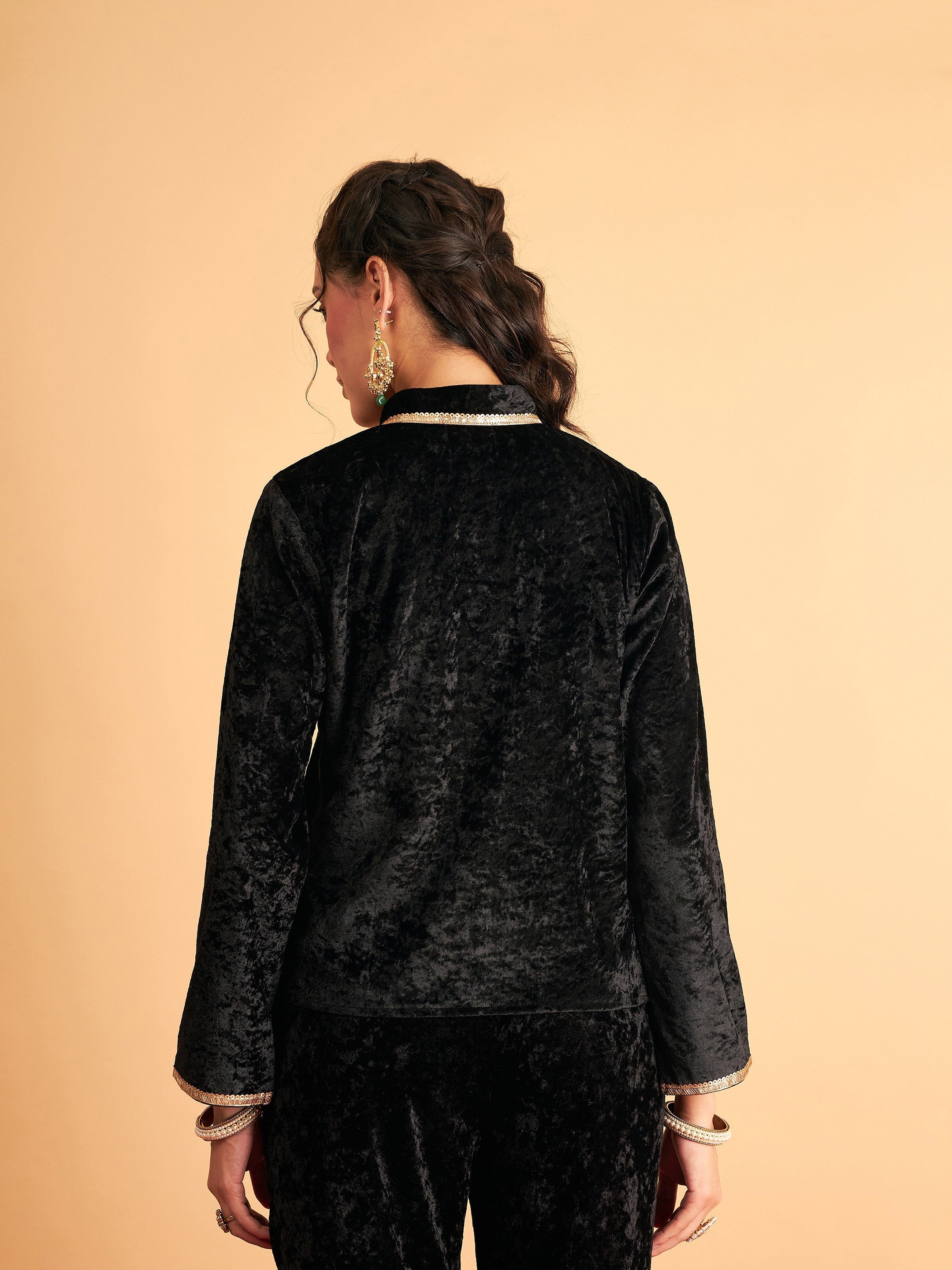 Women's Black Velvet Front Embroidered Jacket - Lyush