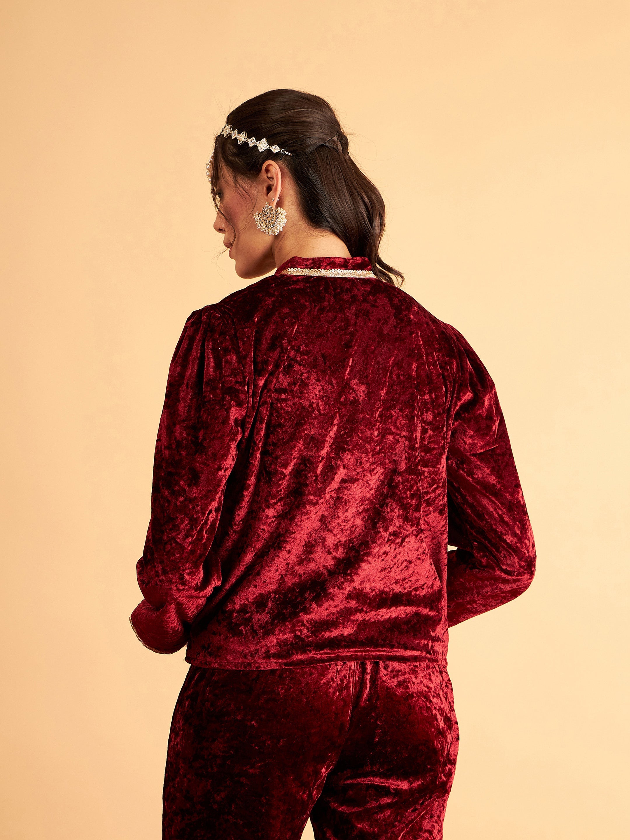 Women's Maroon Velvet Front Embroidered Jacket - Lyush