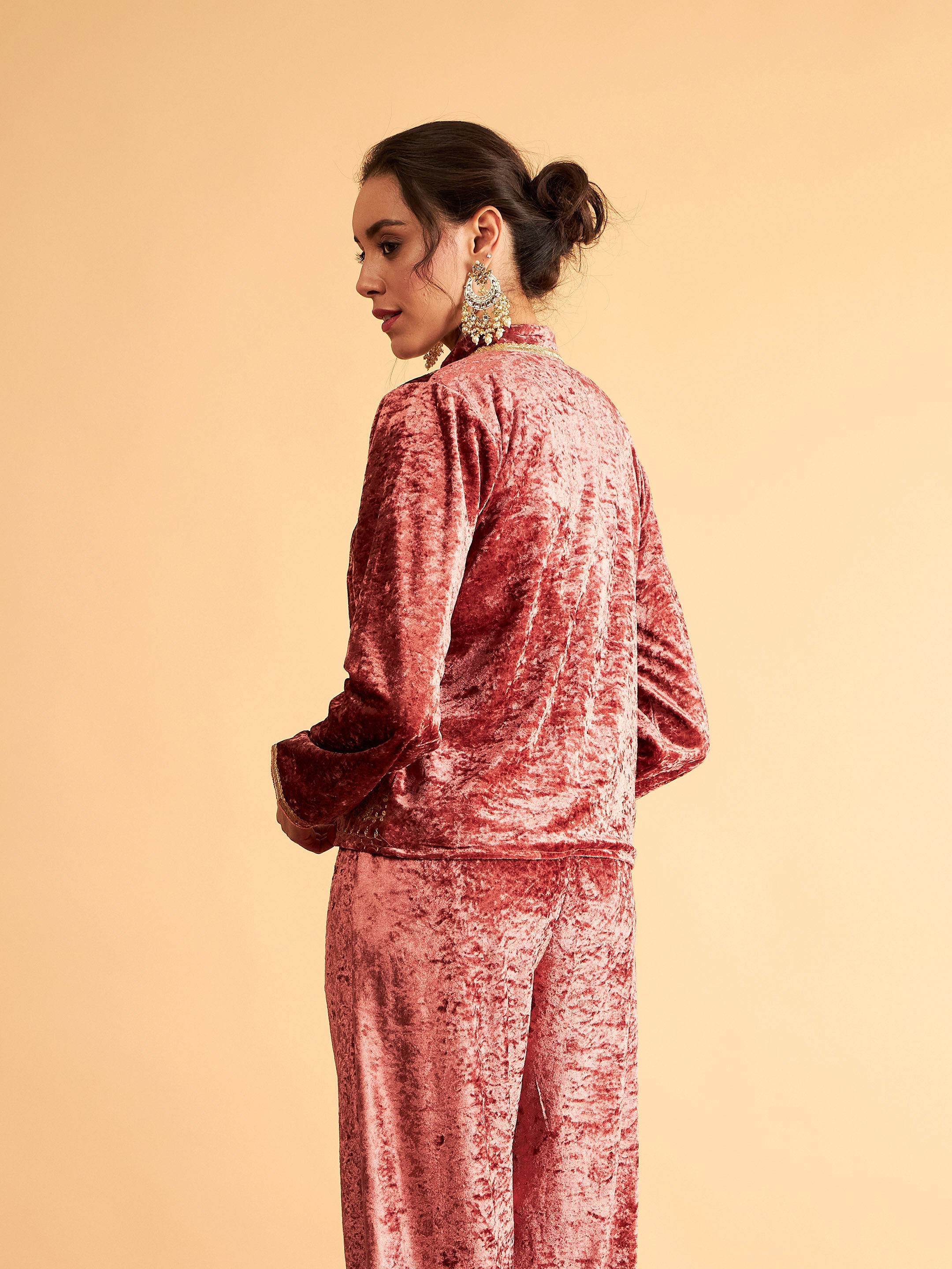 Women's Pink Velvet Front Embroidered Jacket - Lyush