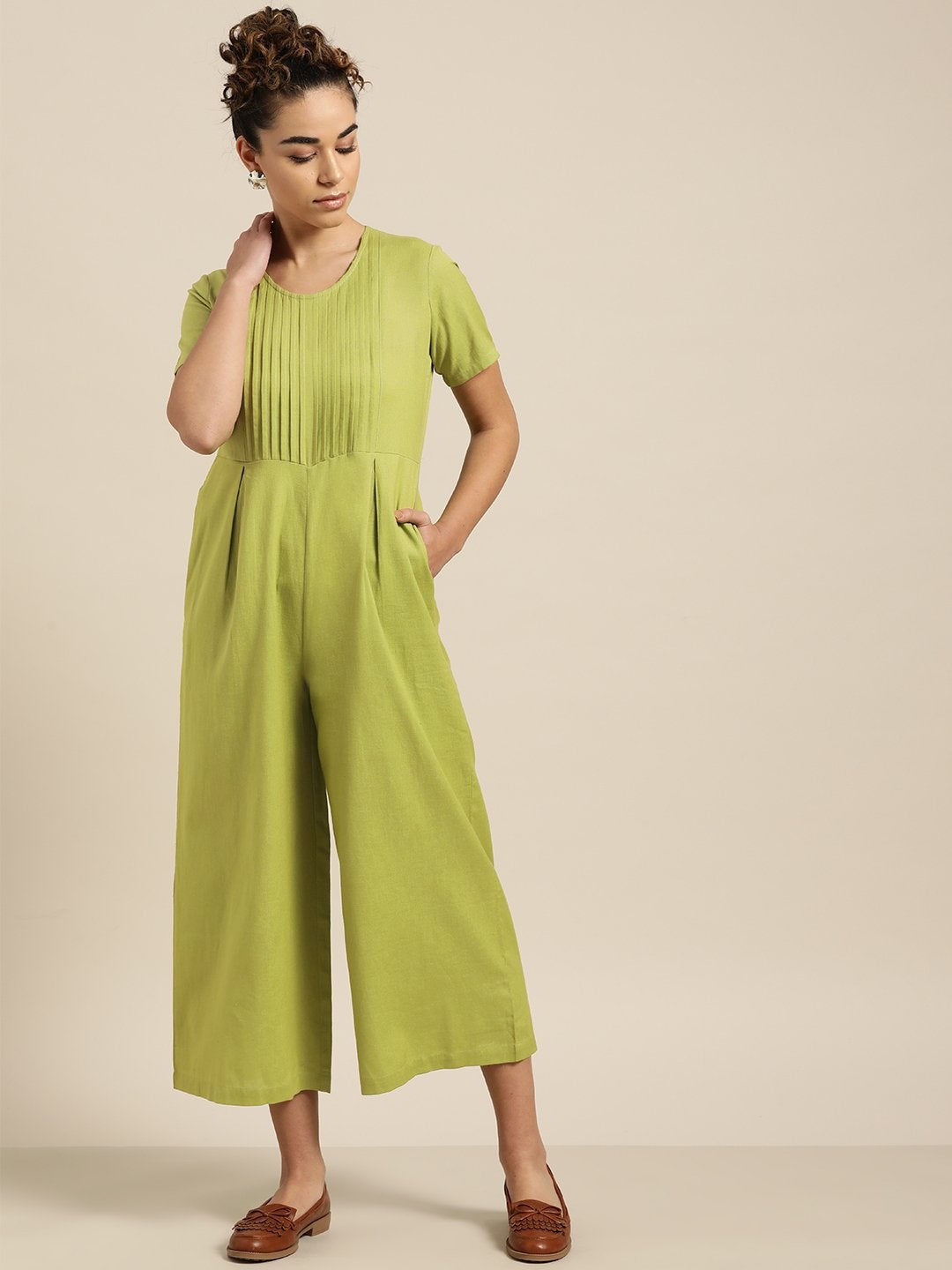 Women's Green Pleated Jumpsuit - SASSAFRAS