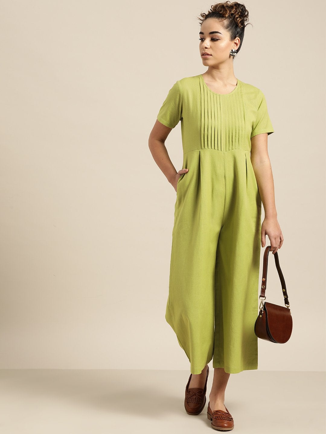 Women's Green Pleated Jumpsuit - SASSAFRAS