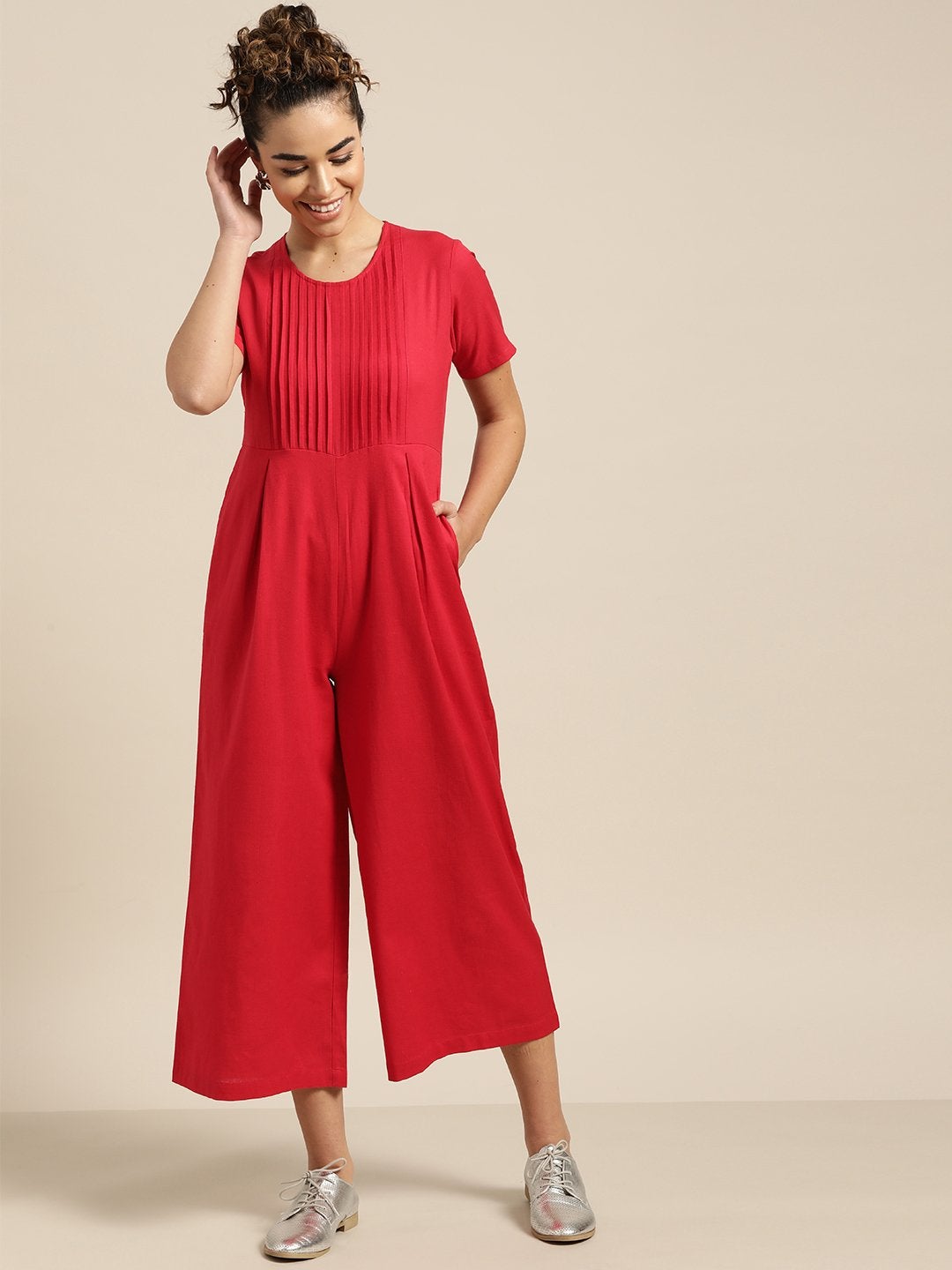 Women's Red Pleated Jumpsuit - SASSAFRAS