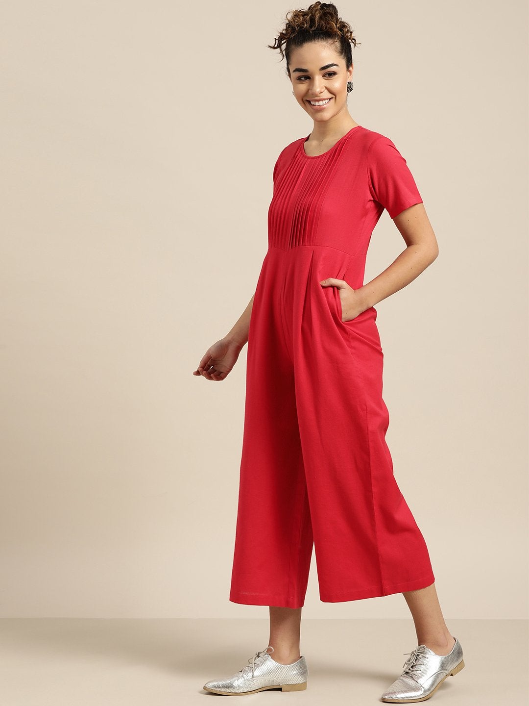 Women's Red Pleated Jumpsuit - SASSAFRAS