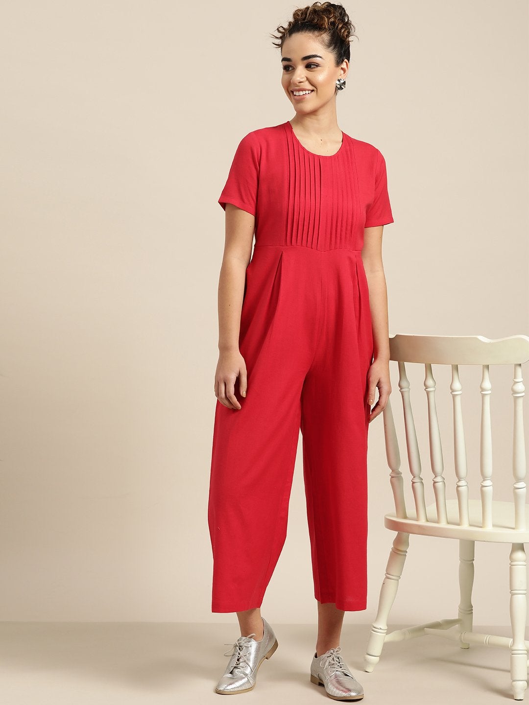 Women's Red Pleated Jumpsuit - SASSAFRAS