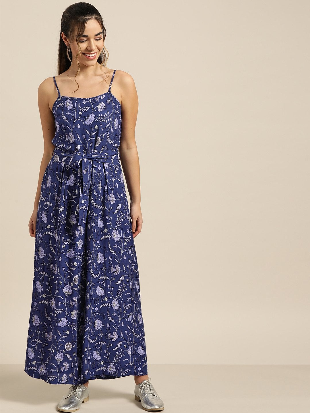 Women's Navy Floral Strappy Jumpsuit - SASSAFRAS