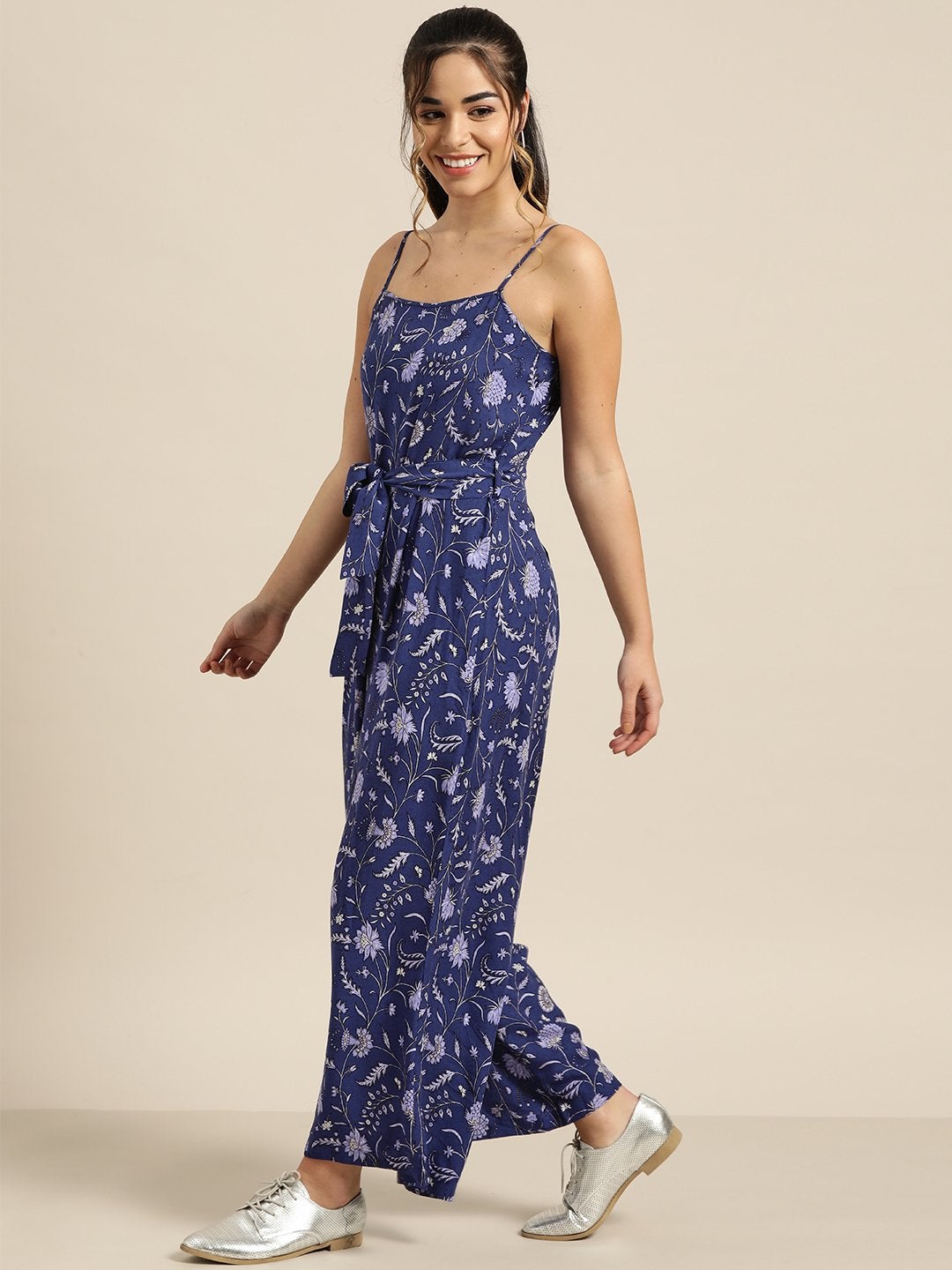 Women's Navy Floral Strappy Jumpsuit - SASSAFRAS