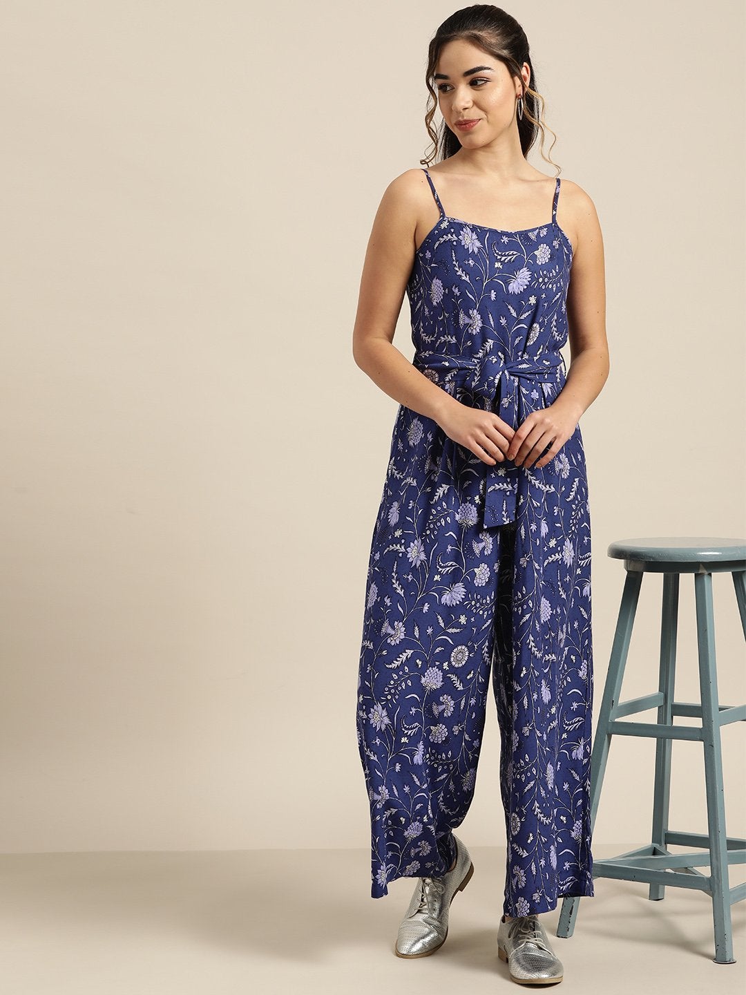 Women's Navy Floral Strappy Jumpsuit - SASSAFRAS