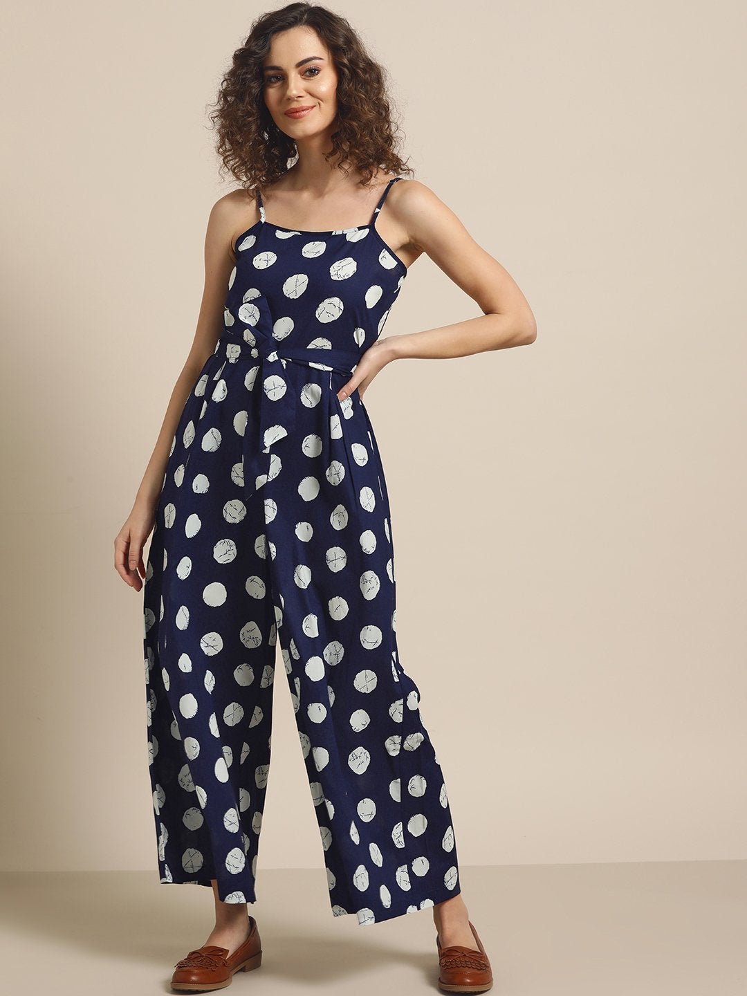 Women's Navy Polka Strappy Jumpsuit - SASSAFRAS