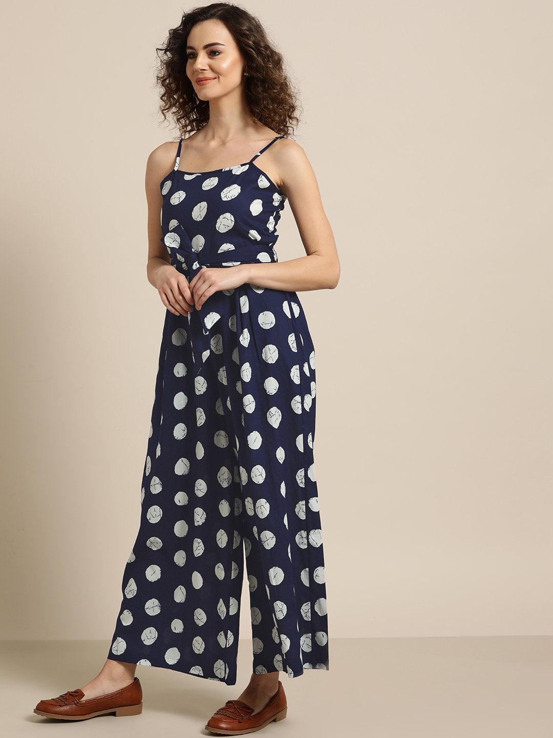 Women's Navy Polka Strappy Jumpsuit - SASSAFRAS