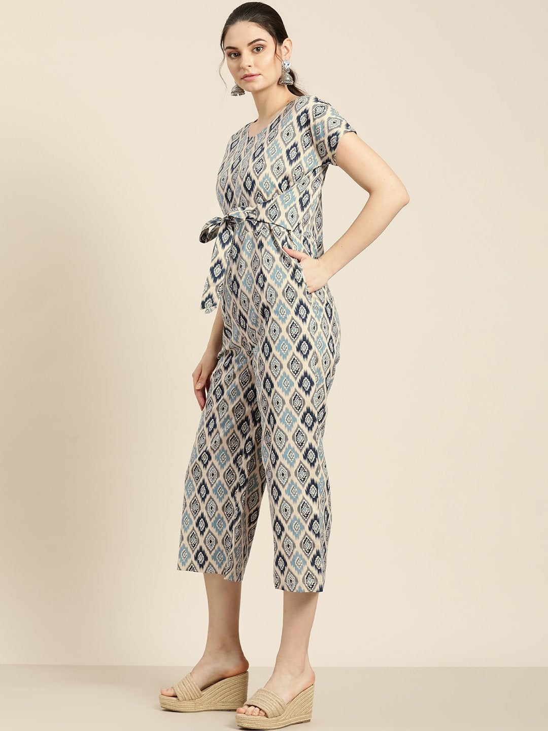 Women's Beige Ikat Jumpsuit - SASSAFRAS