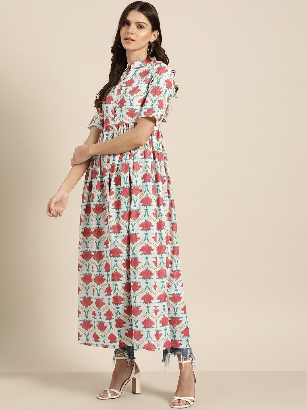 Women's Pink Floral Gathered Shirt Style Kurta - SASSAFRAS