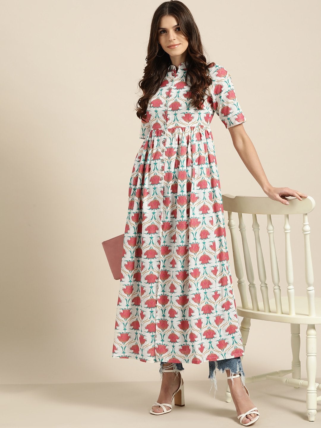 Women's Pink Floral Gathered Shirt Style Kurta - SASSAFRAS