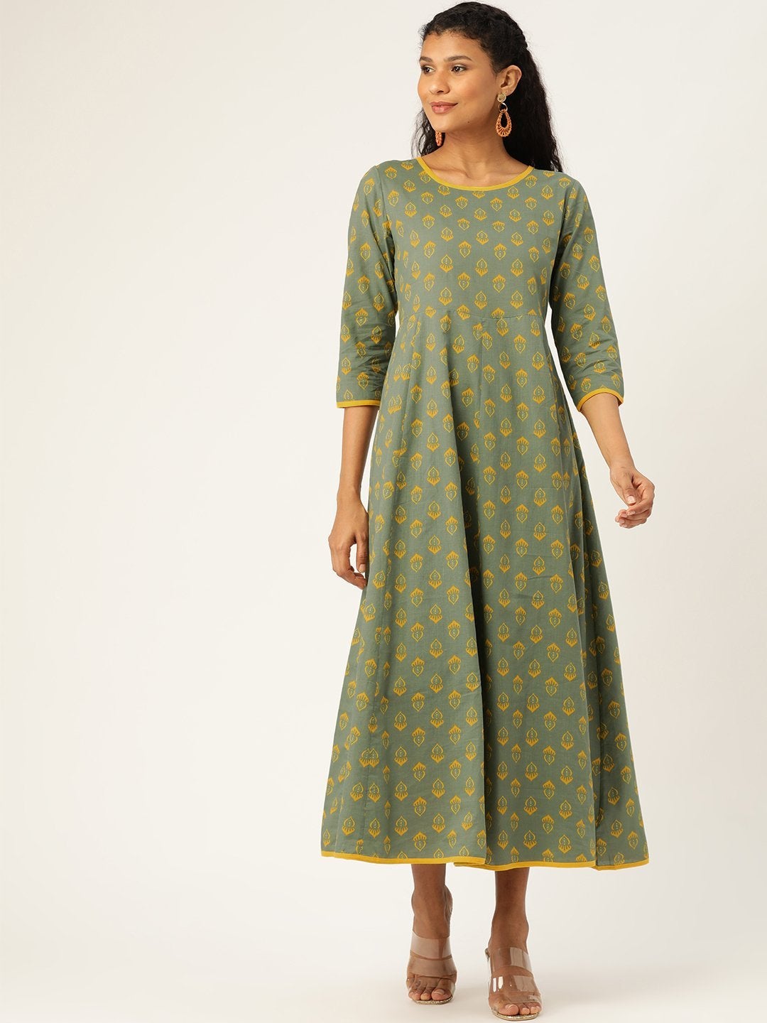 Women's Olive Floral Kurta Dress - SASSAFRAS