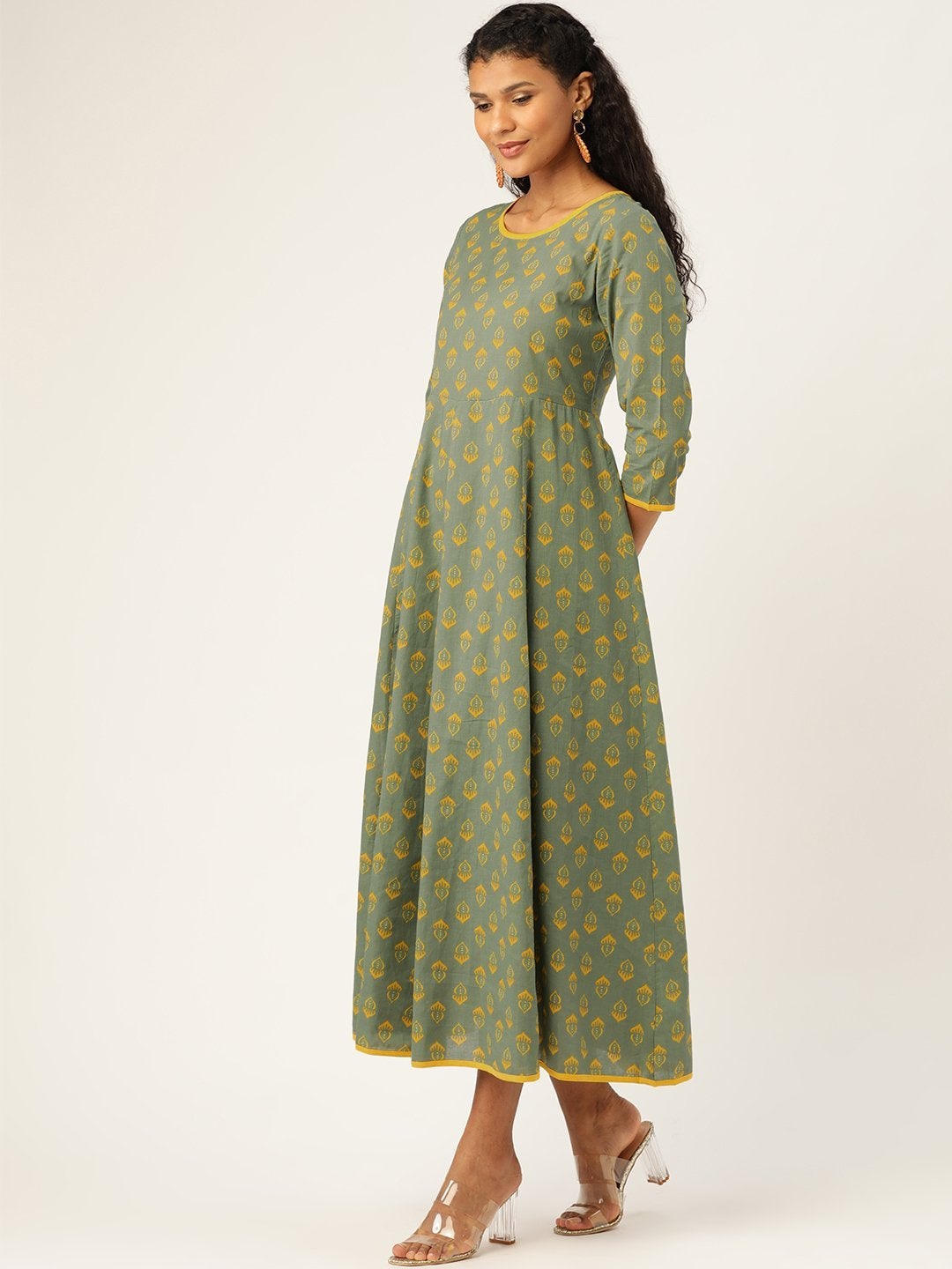 Women's Olive Floral Kurta Dress - SASSAFRAS