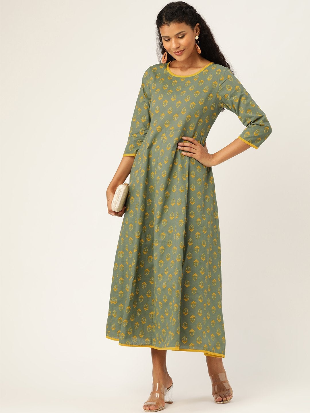 Women's Olive Floral Kurta Dress - SASSAFRAS