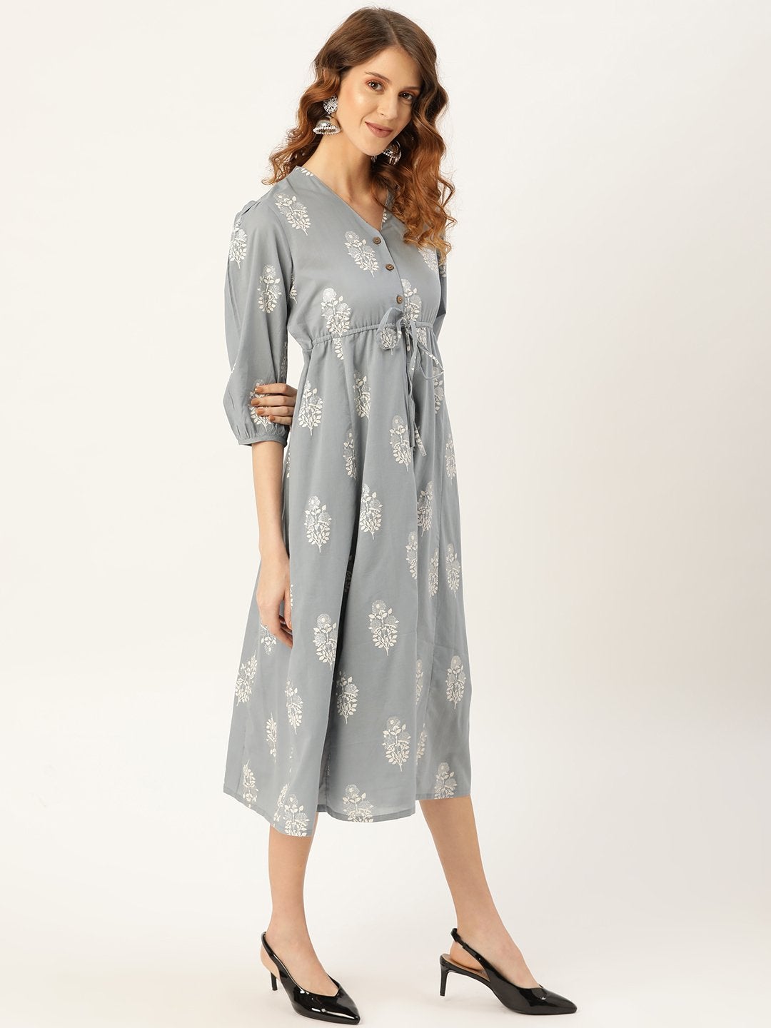 Women's Pale Blue Glitter Foil V-Neck Drawstring Kurta Dress - SASSAFRAS