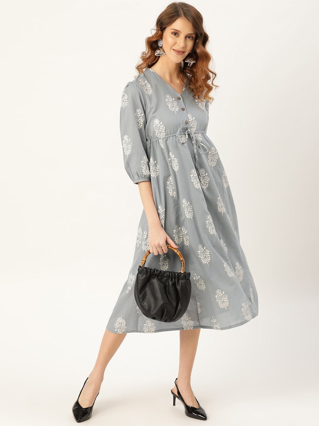 Women's Pale Blue Glitter Foil V-Neck Drawstring Kurta Dress - SASSAFRAS