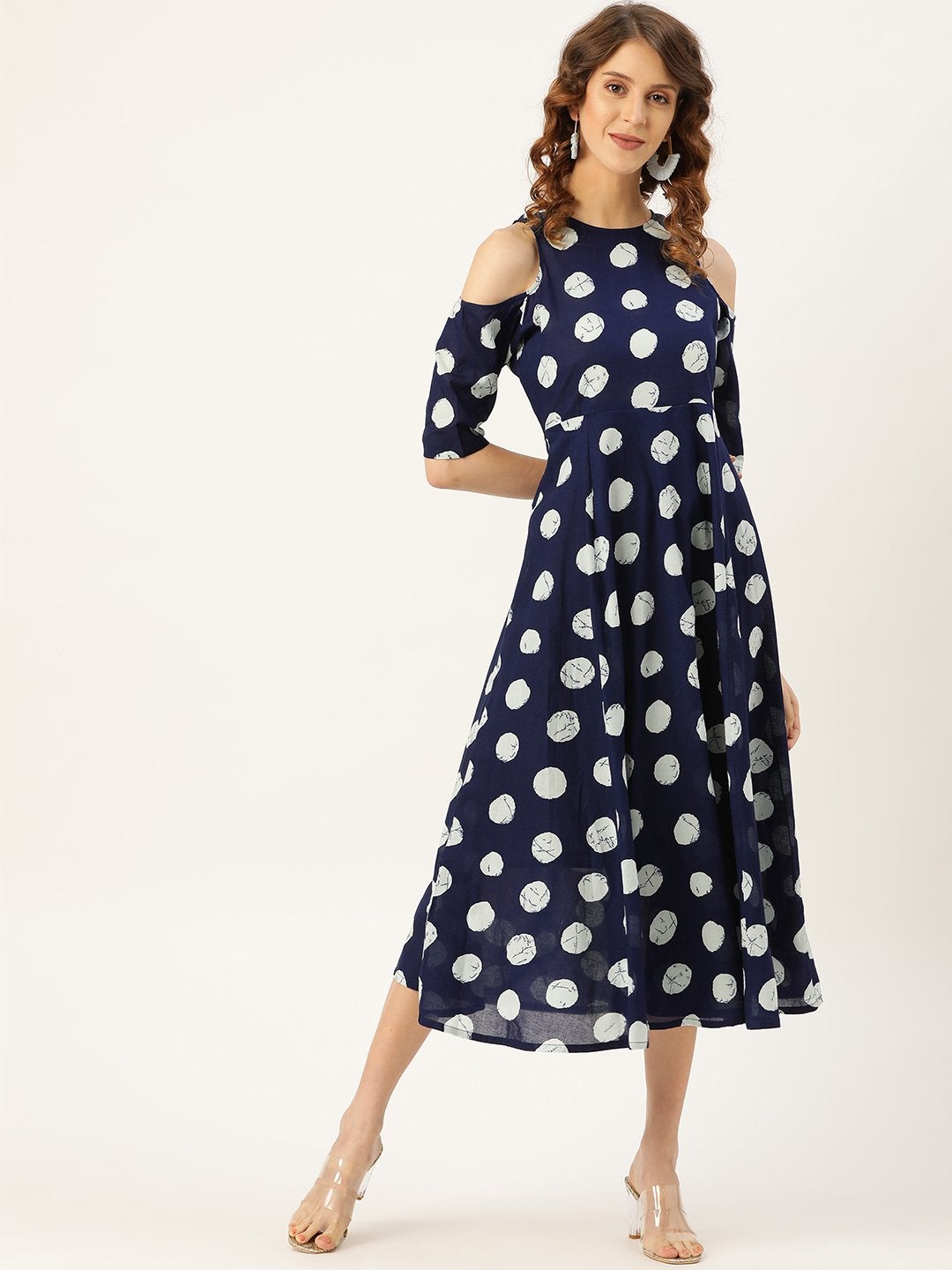 Women's Navy Polka Cold Shoulder Midi Kurta Dress - SASSAFRAS