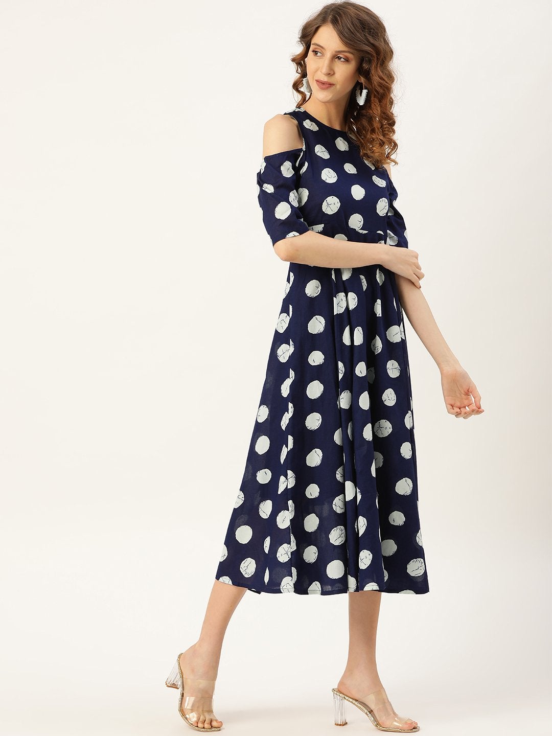 Women's Navy Polka Cold Shoulder Midi Kurta Dress - SASSAFRAS