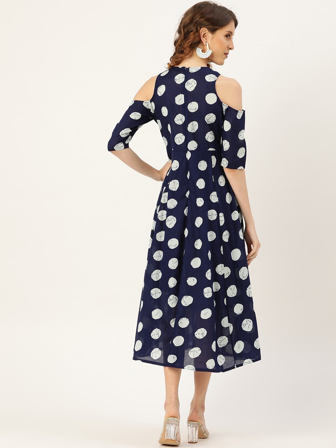 Women's Navy Polka Cold Shoulder Midi Kurta Dress - SASSAFRAS