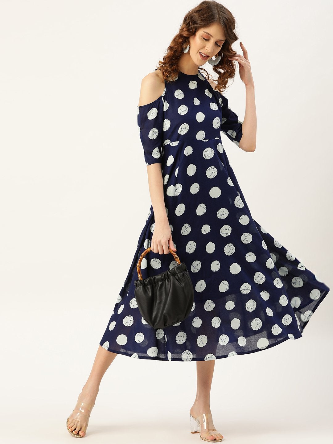 Women's Navy Polka Cold Shoulder Midi Kurta Dress - SASSAFRAS