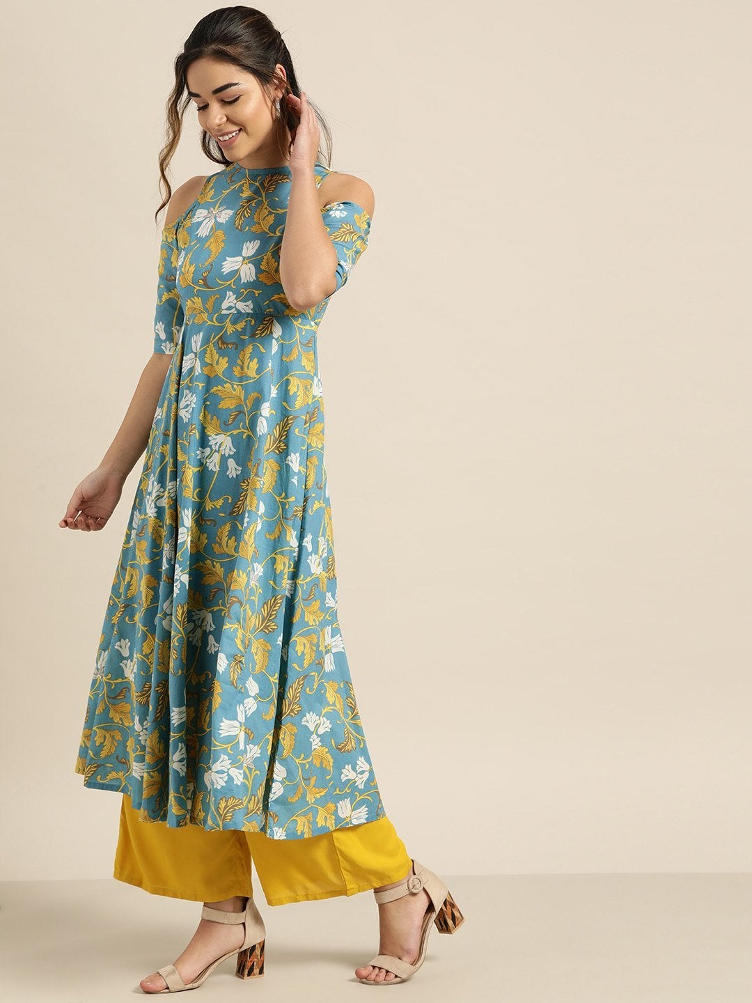 Women's Turquoise Floral Cold Shoulder Midi Kurta - SHAE
