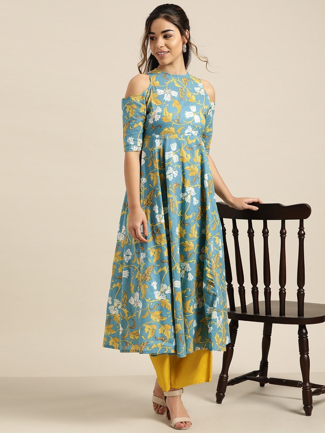 Women's Turquoise Floral Cold Shoulder Midi Kurta - SHAE